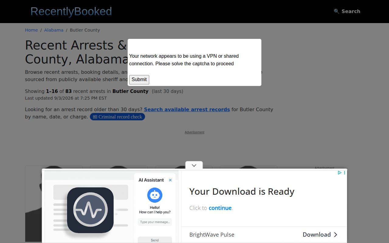 RecentlyBooked Butler County unofficial page showing republished booking entries and a 30-day record count