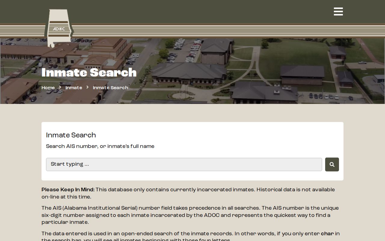 Alabama Department of Corrections offender search form for state custody lookups after sentencing