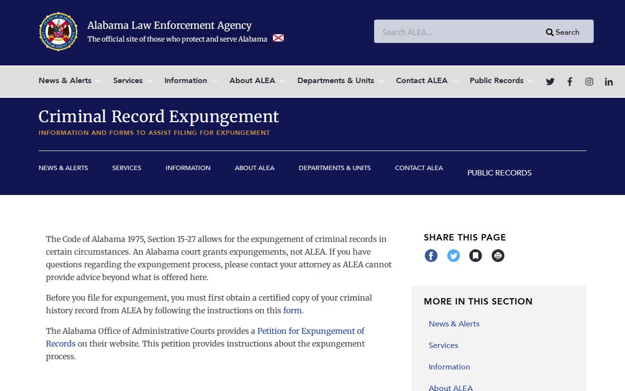 Alabama Law Enforcement Agency criminal record expungement policy page for clearing arrest records