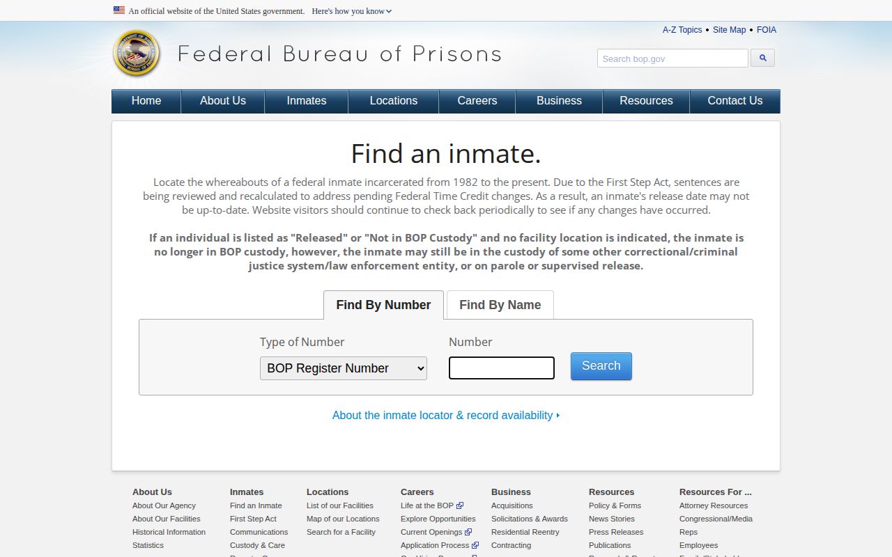 Federal Bureau of Prisons inmate locator search form for federal custody searches