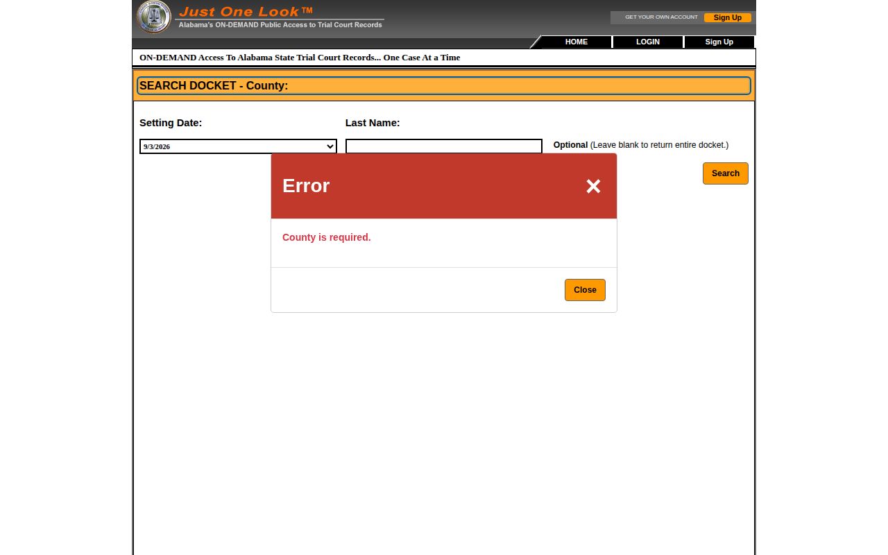 Alabama Just One Look trial court public access search screen for Butler County dockets