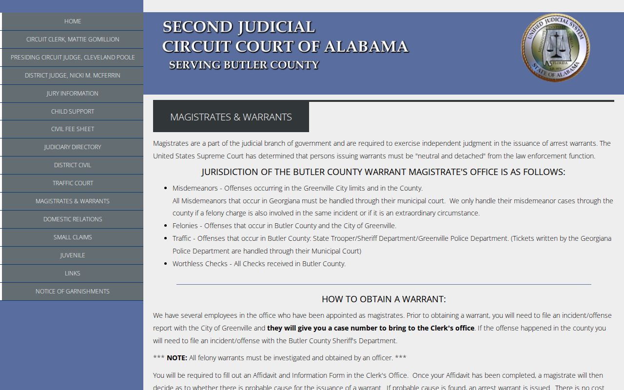 Butler County magistrates and warrants page explaining warrant jurisdiction and non-public unserved warrants