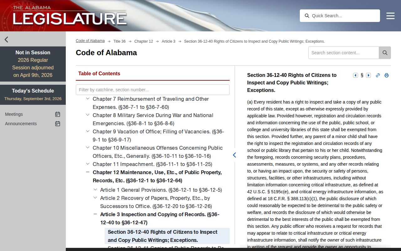 Alabama Open Records Act section 36-12-40 statute page covering inspection of public writings