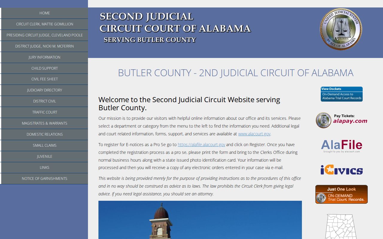 Butler County Second Judicial Circuit court homepage with clerk and courthouse information