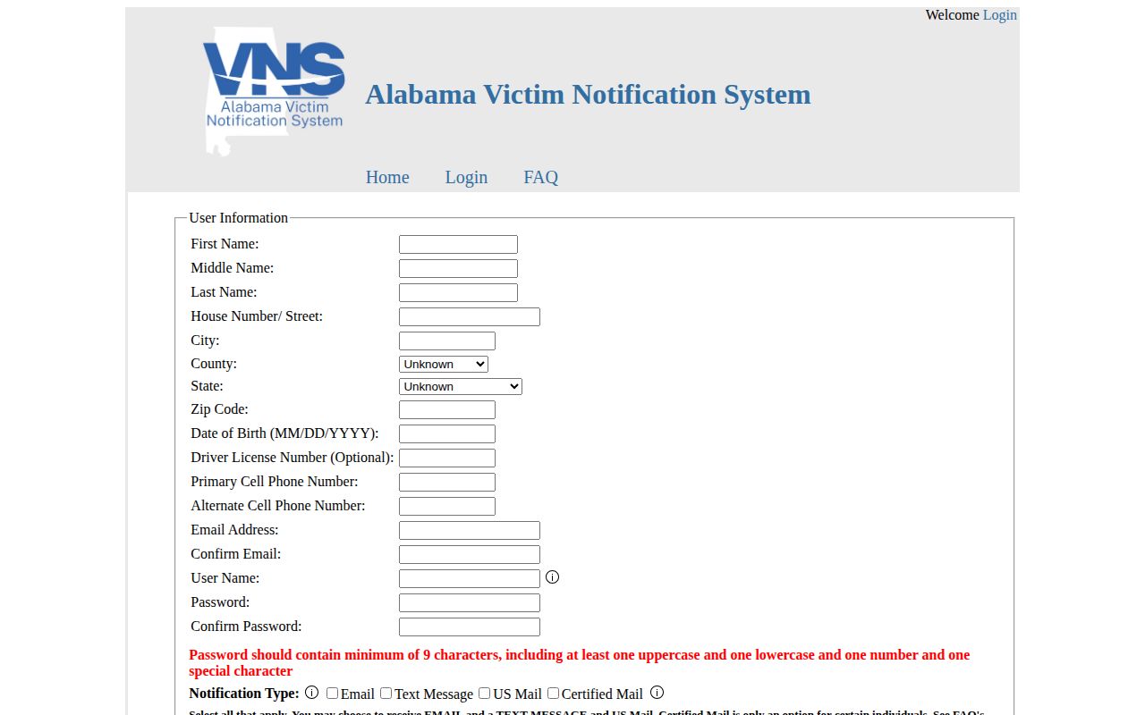 Alabama VNS registration screen collecting county and contact details for state custody notifications