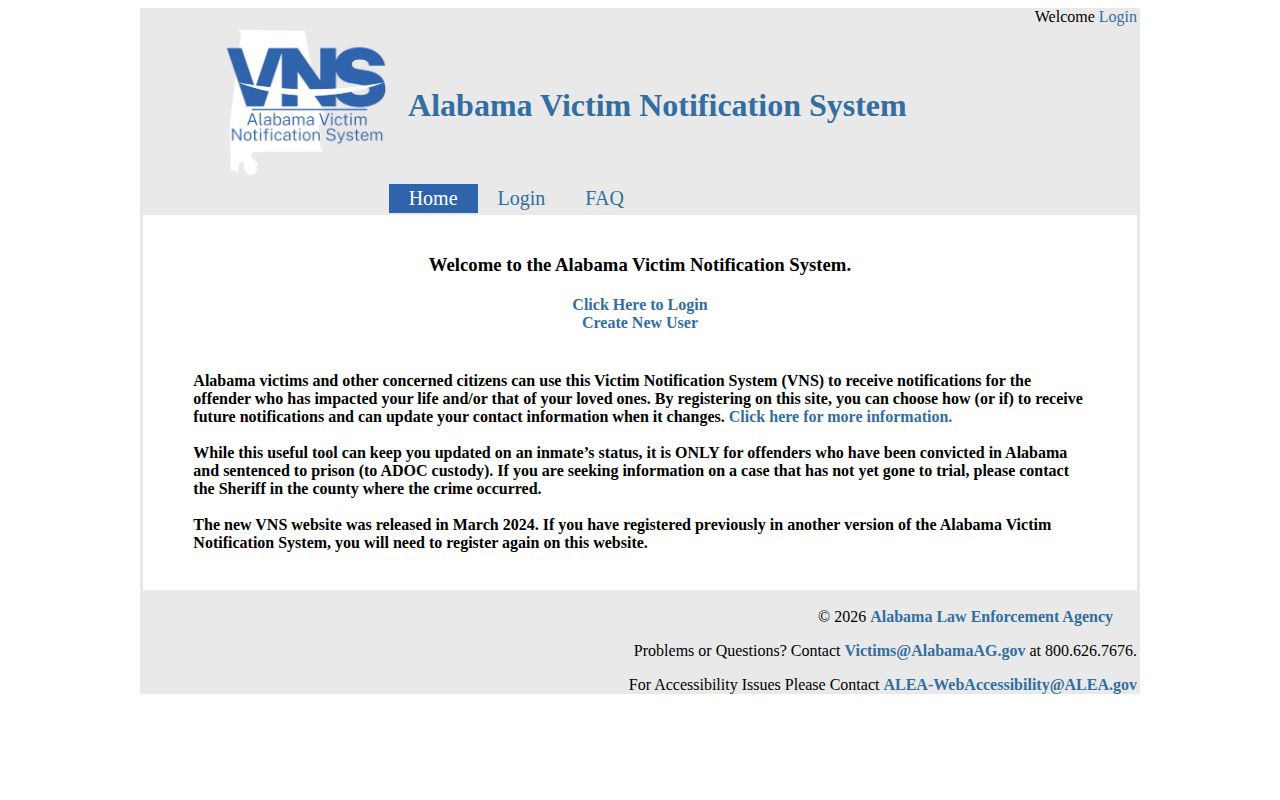 Alabama Victim Notification System home page redirecting pretrial Butler County cases to the sheriff