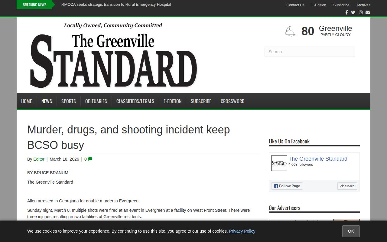 Greenville Standard report on multi-agency arrests involving Georgiana police and Butler County custody transfers
